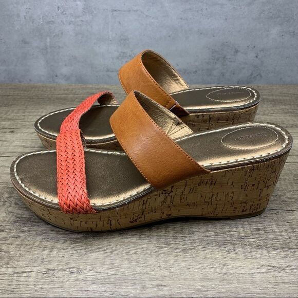 Lands End Mid Wedge Sandals Cork Heel Brown Sz 11B - Picture 1 of 9